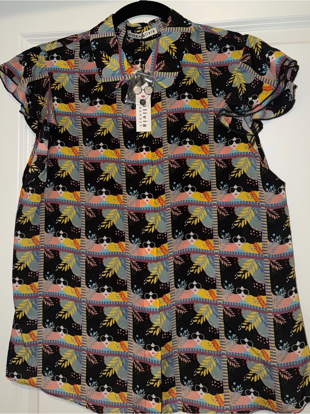 Alice + Olivia Black Collared Blouse with Multicolor Floral & Stripe Print